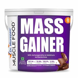 dr. morepen muscle food mass gainer double chocolate 5kg | high protein muscle building & weight gainer formula | 12.08g protein, 126.91g carbs, 2.59g bcaa for muscle support & muscle mass gain