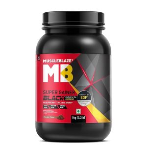 muscleblaze super gainer black, chocolate (10 servings, 1kg / 2.2lbs) | 12g protein, 78.95g carbs per scoop | enhanced gaining formula appetite, digestion & testo blend powder.
