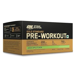 optimum nutrition (on) gold standard pre workout 142.5g/15 single serve packs (green apple flavor), for energy, focus, power, endurance & performance