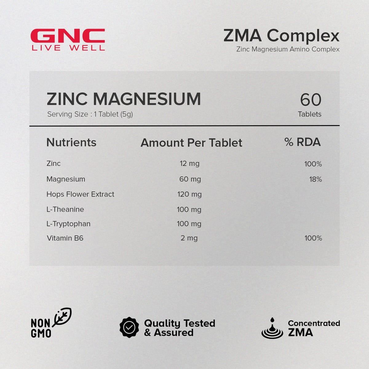 GNC Zinc Magnesium Complex (ZMA) with Vitamin B6, L-Theanine, L-Tryptophan & Hops Flower Extract | 60 Veg Tablets - Image 2
